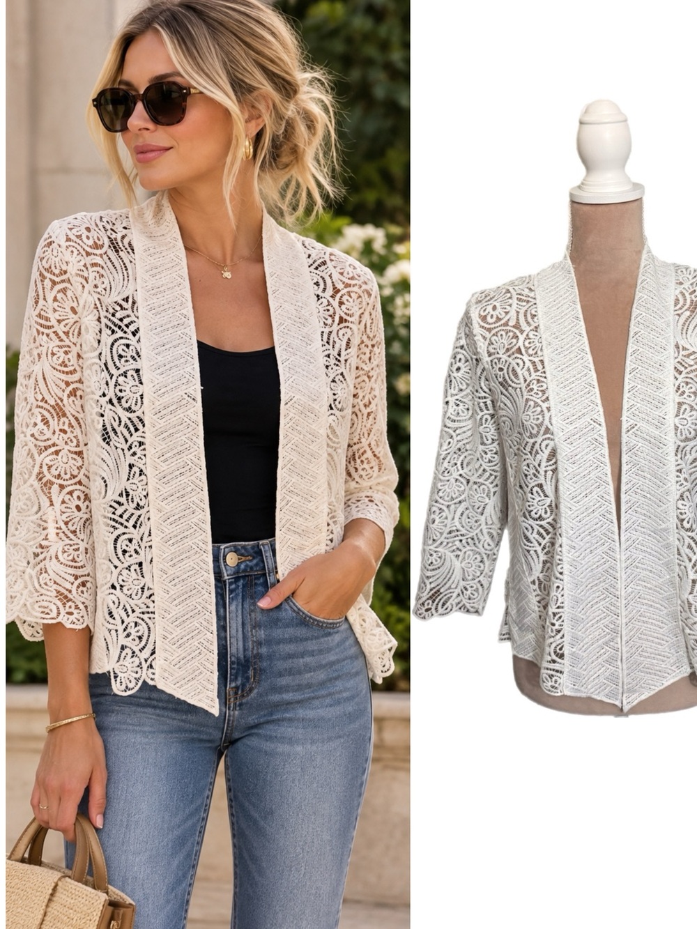 RABBIT Lace Lady Cardigan Women’s Size Small 3/4 Sleeve Open Front In White